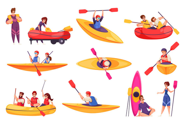 Río rafting iconos de dibujos animados con la gente haciendo deportes acuáticos extremos ilustración vectorial aislado - Vector, imagen