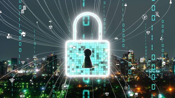 Cyber Security and Alteration Data Protection a digitális platformon. Grafikus felület mutatja a biztonságos tűzfal technológia az online adatokhoz való hozzáférés elleni védelem hacker, vírus és bizonytalan információk . - Fotó, kép
