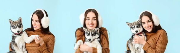 Set of cute woman with funny husky puppy on light blue background - Foto, Imagem