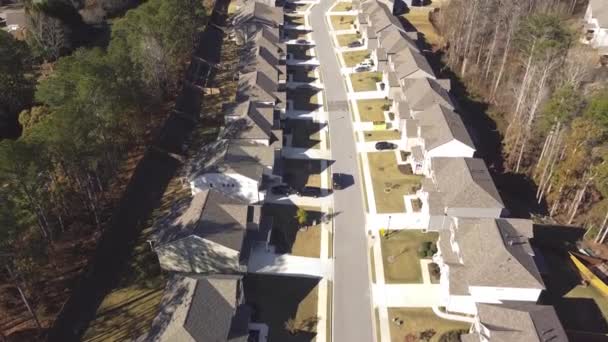 Z lotu ptaka widać dwa piętrowe domy z dużym podwórkiem w ekskluzywnej dzielnicy mieszkalnej poza Atlantą, Georgia, USA. Nowy podmiejski podrejon zabudowany dobrze przycięty krajobraz trawnika - Materiał filmowy, wideo