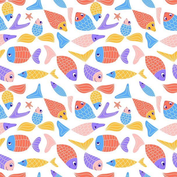 Cute colorful seamless pattern with cute doodle fish. Funny kids naive abstract aquarium background. Zentangle patterned sardines, herring, guppies, goldfish. Vector illustration. - Vector, Image