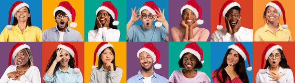 Разнообразные счастливые взволнованные люди в шляпах Санта-Клауса, позирующие на ярком фоне, радостные многонациональные мужчины и женщины, наслаждающиеся праздничными предложениями и сезонными продажами, творческий коллаж, Панорама - Фото, изображение