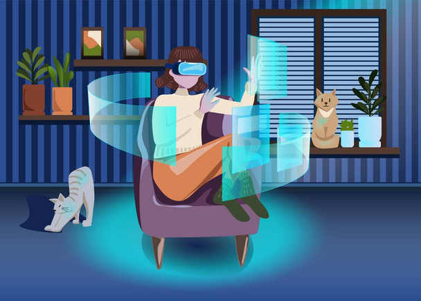 Metawertyczna cyfrowa technologia świata, kobieta z okularami wirtualnej rzeczywistości otoczona futurystycznym interfejsem danych holograficznych 3D, kobieta w przytulnym pokoju z kotami i roślinami. - Wektor, obraz