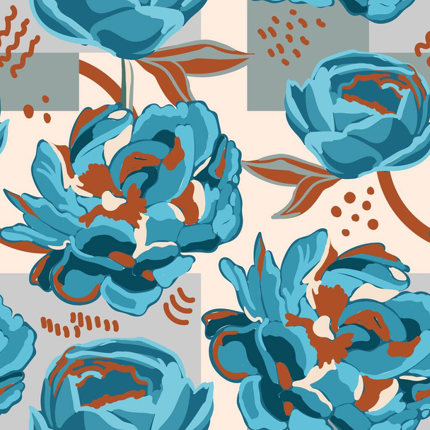 Peonies and leaves brushed strokes style, seamless pattern vector ,Design for fashion , fabric, textile, wallpaper, cover, web , wrapping and prints. - Vektori, kuva