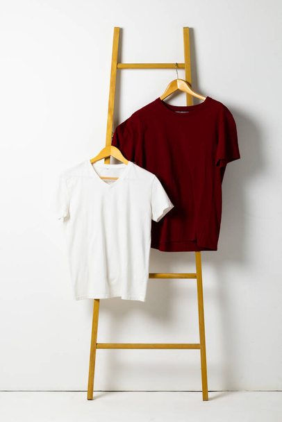 Tshirts hanging on coat hanger on ladder and copy space on white background. Clothing, fashion and retail concept. - Zdjęcie, obraz