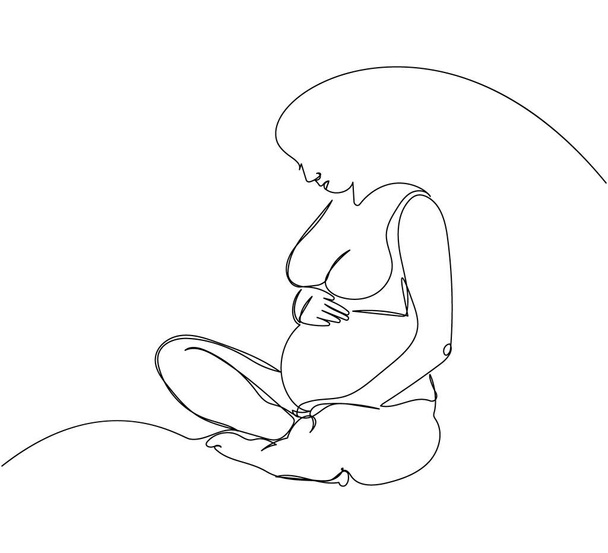 Έγκυος γυναίκα κάθεται σε στάση λωτού και χαϊδεύει την κοιλιά της μια γραμμή τέχνης. Συνεχές σχέδιο γραμμής κύησης, μητρότητας, προετοιμασίας για τον τοκετό, χαλάρωσης. Χειροκίνητη διανυσματική απεικόνιση - Διάνυσμα, εικόνα