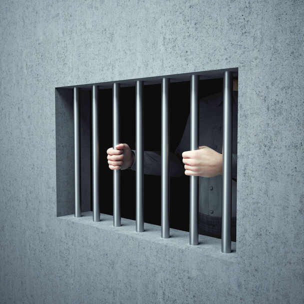 Mann hält Stahl im Gefängnis auf schwarzem Hintergrund. Konzept für Gefangene, Traurigkeit, Inhaftierung, Irrtümer. Dies ist eine 3D-Darstellung - Foto, Bild