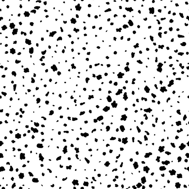 Dalmatische naadloze patroon achtergrond, witte en zwarte hond vlekken plons, vector tegel. Dalmatische sproeten patroon met textuur, stippen spatten of inkt borstel druppels en vlekken achtergrond - Vector, afbeelding
