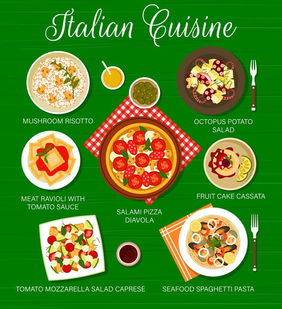 Italian cuisine food menu page. Mushroom risotto, seafood spaghetti pasta and tomato mozzarella salad Caprese, meat ravioli with tomato sauce and cake Cassata, pizza Diavola, octopus potato salad - Vector, Image