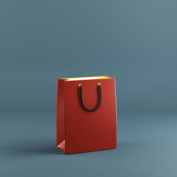 Rote Einkaufstasche, die innen auf blauem Hintergrund leuchtet. Kopierraum. 3D-Darstellung - Foto, Bild