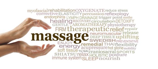 Words associated with the benefits of MASSAGE - female cupped hands surrounded by a word cloud relevant to physical body therapy against a white background - Photo, Image