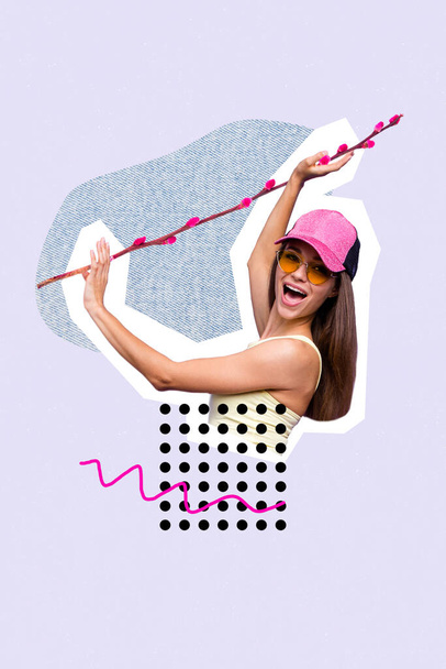 Collage photo poster of funny excited positive girl wear cap dance celebrate spring time hold willow stick april catkin isolated on grey color background. - Zdjęcie, obraz