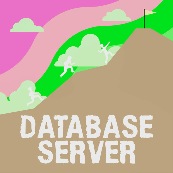 Legenda do texto apresentando o Database Server, Visão geral do negócio usa um aplicativo de banco de dados que fornece serviços de banco de dados - Foto, Imagem