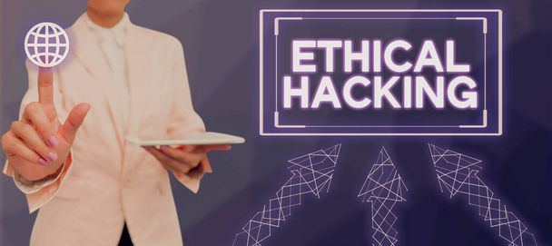 Señal de escritura a mano Ethical Hacking, Word Escrito en acto de localizar debilidades y vulnerabilidades de la computadora - Foto, imagen