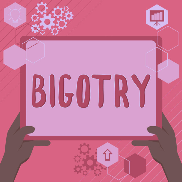 自分の意見や偏見への頑固で不寛容な献身について書かれたBiogtry 、 Wordを提示するテキストキャプション - 写真・画像