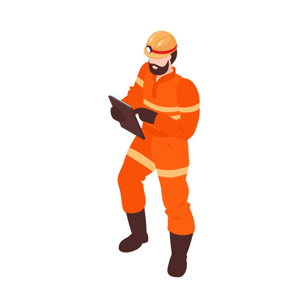 Composizione isometrica della miniera con carattere umano del minatore isolato su sfondo bianco illustrazione vettoriale 3d - Vettoriali, immagini