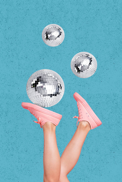 Photo artwork minimal collage picture of legs wear sport shoes juggling disco balls isolated drawing background. - Foto, immagini