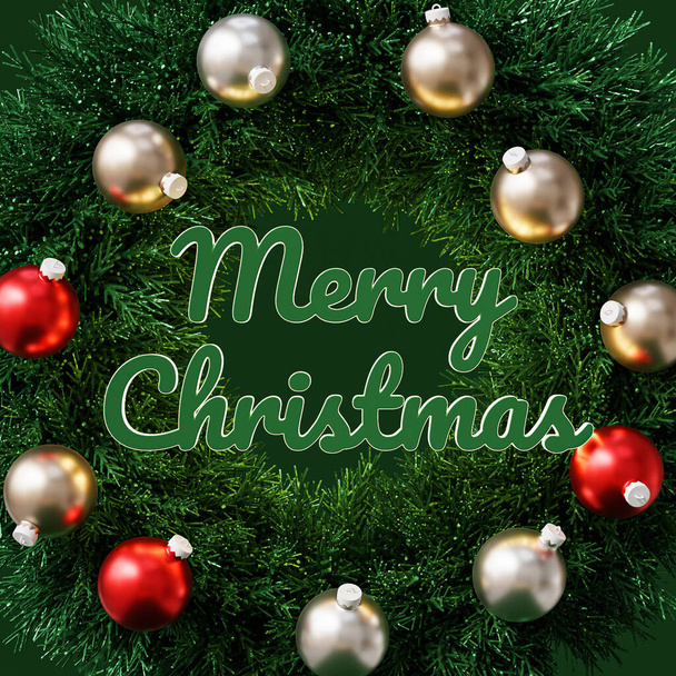 Baubles et couronne de Noël avec texte joyeux de Noël, carte de vacances, rendu 3d - Photo, image