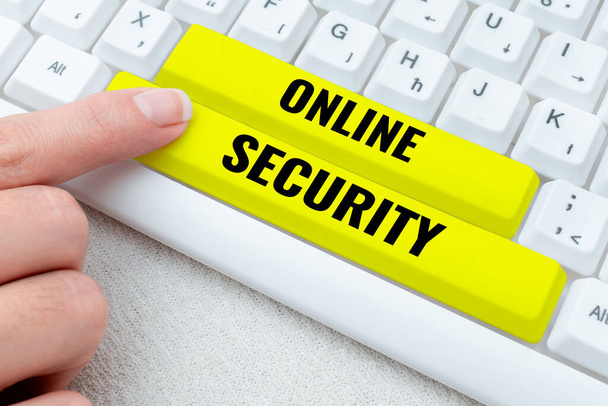 Käsitteellinen kuvateksti Online Security, Word Kirjoitettu teko turvallisuuden varmistamiseksi liiketoimet tehdään verkossa - Valokuva, kuva
