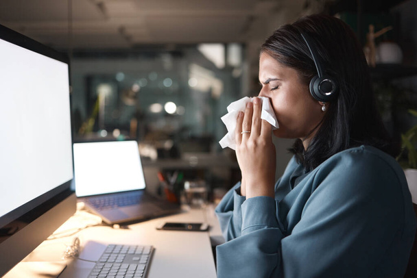Faq, call center or sick business woman blowing nose with tissues in contact us, telemarketing or sales company. Stress flu, covid or cold virus for customer support receptionist or crm technology. - Foto, afbeelding