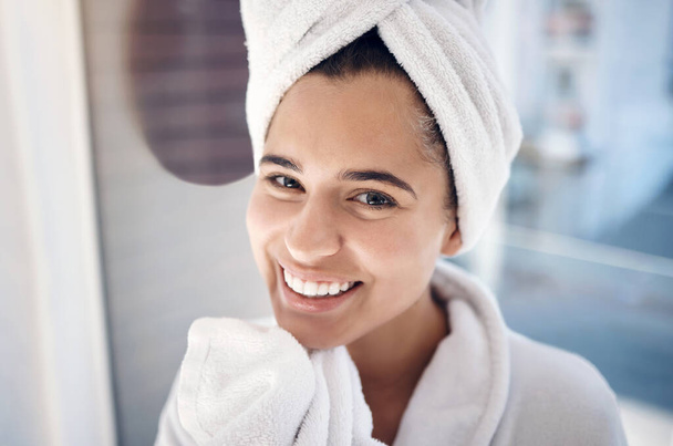 Woman, spa and portrait smile for hygiene, wash or beauty skincare or cosmetic bathroom treatment. Happy female face smiling with teeth in happiness or satisfaction for facial care or luxury cleanse. - Foto, imagen
