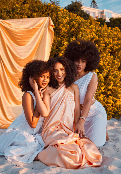 Fashion, friends and beauty outdoor, portrait and natural hair, afro and elegant clothes, beach and summer holiday. Black women, model and happiness with happy smile, silk clothing and cool dress. - Фото, зображення