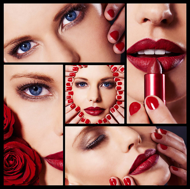 Beauté écarlate parfaite. Image composite d'une femme portant du vernis à ongles rouge et du rouge à lèvres - Photo, image