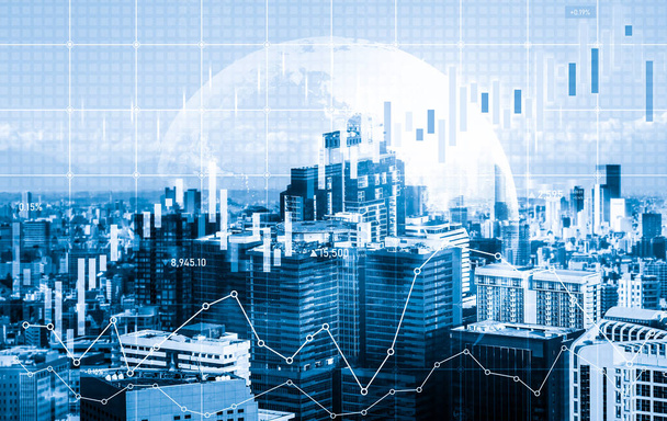 В качестве фона для финансовой или бизнес-концепции цифровой экран и финансовые графики пересекаются на картине модернистского городского пейзажа, небоскребов. - Фото, изображение