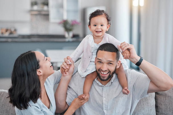 Love, portrait or happy black family on sofa in house for quality time, support or fun. Mother, father or child on couch with smile, happiness or bonding in Brazil family home relax in living room. - Foto, Bild