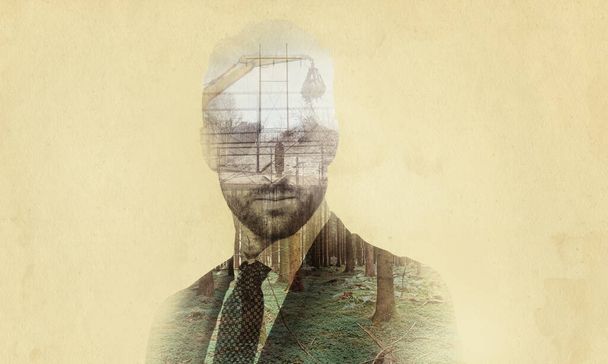The many facets of man. Composite image of a well-dressed man superimposed on an image of urban development and nature - Foto, Imagem