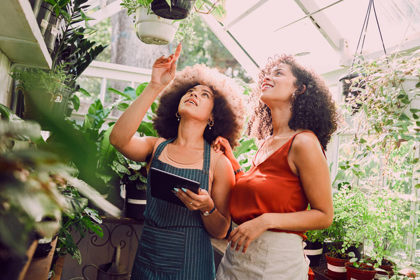 Black women, tablet or pointing in plant greenhouse in organic growth management, ecommerce flower orders or sustainability innovation. Smile, happy or talking florists, garden center workers or tech. - Foto, imagen