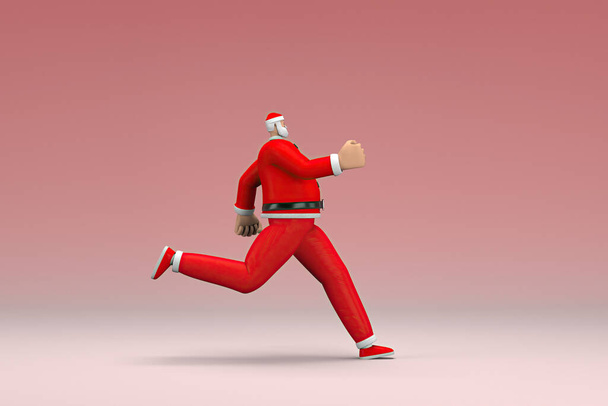 Человек в костюме Санта Клауса бежит. 3D визуализация персонажа мультфильма в актерской игре. - Фото, изображение