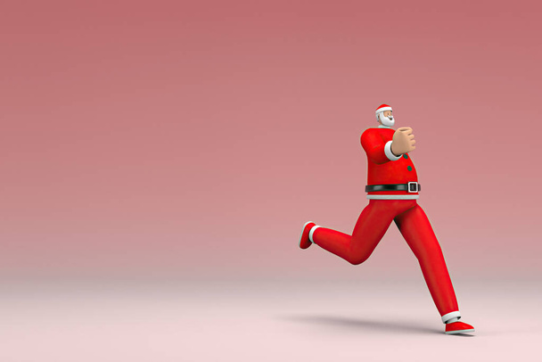 Человек в костюме Санта Клауса бежит. 3D визуализация персонажа мультфильма в актерской игре. - Фото, изображение