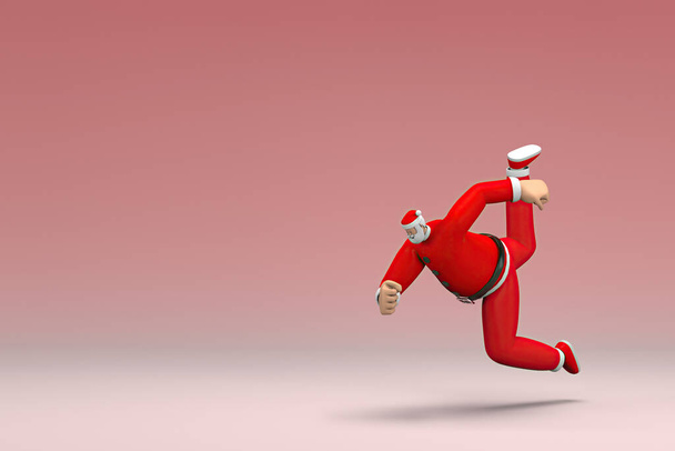 Человек в костюме Санта Клауса. Он падает вниз. 3D визуализация персонажа мультфильма в актерской игре. - Фото, изображение
