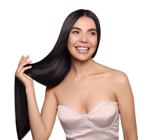 Portrait of beautiful young woman with healthy strong hair on white background - Φωτογραφία, εικόνα