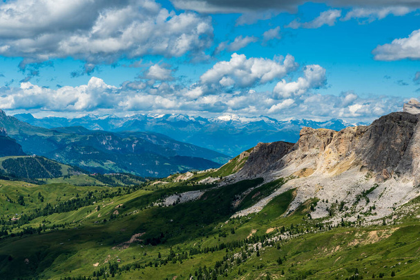 View to Zillertal Alps with glaciers from Sief mountain peak in the Dolomites during beautiful summer day - Photo, Image