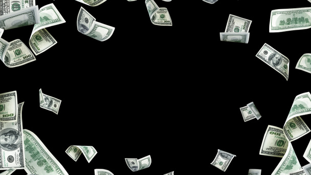 Money stack. Hundred dollars of America. Falling money isolated, us bill black background - Photo, Image