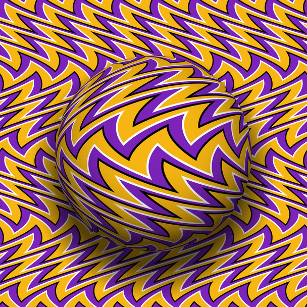Optische Illusion einer fallenden Kugel mit im Zickzack deformiertem Streifenmuster auf gleichem gemusterten Hintergrund. - Vektor, Bild