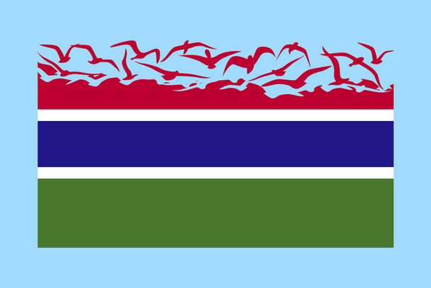 Özgürlük kavramına sahip Gambiya bayrağı, bağımsız ülke fikri, uçan kuş vektörüne dönüşen Gambiya bayrağı, egemenlik metaforu, düz tasarım - Vektör, Görsel