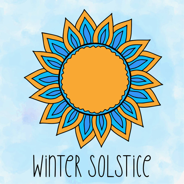 Summer Solstice June 21. Longest day of the year. Vector illustration with stylized sun, text and watercolor textured yellow sunset sky background. banner, poster, greeting card design. - Vecteur, image