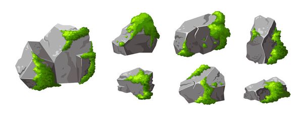 Set forest rock with moss. Gray stone brocken in cartoon. Mountain part of natural design shape. Vector illustration. - Vettoriali, immagini
