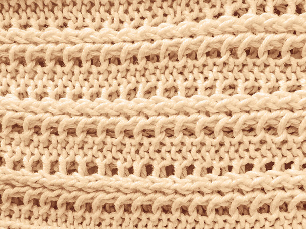 Beige Texture Knitted Fabric. Scandinavian Fiber Cashmere. Organic Weave Thread. Vintage Handmade Carpet. Jacquard Knitting. Warm Wool Pullover. Knitwear Closeup Background. Woven Fabrics. - Photo, Image