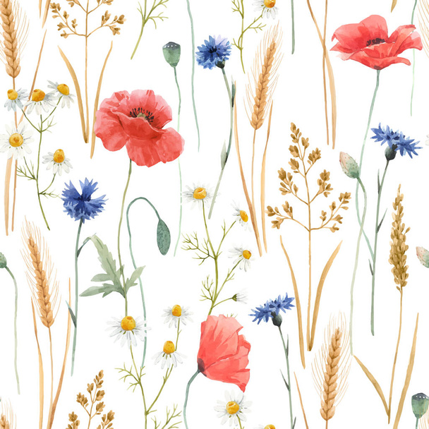Beautiful vector floral seamless pattern with watercolor field wild flowers. Stock illustration. - Vector, afbeelding