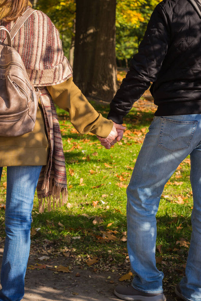 Couple holding hands together. Romantic gesture. Love concept. Couple walking in autumn park. Tender touch. Happy relationship. Person holding hand. Love for two. Man and woman together. - Photo, Image