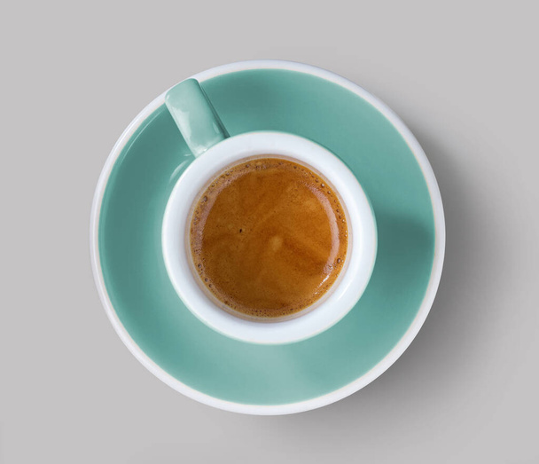 cup of espressoo coffee on grey table top view - 写真・画像