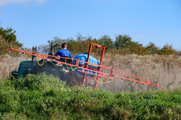 Küçük bir tarım traktörü tarlayı yabani otlara karşı bitki öldürücü ile işliyor, tarlayı sürmeden önce tarlalara sonbahar tedavisi uyguluyor.. - Fotoğraf, Görsel