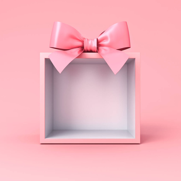 Gift box product display showcase or blank exhibition booth gift box stand with pink ribbon bow isolated on light pink pastel color background minimal conceptual 3D rendering - 写真・画像