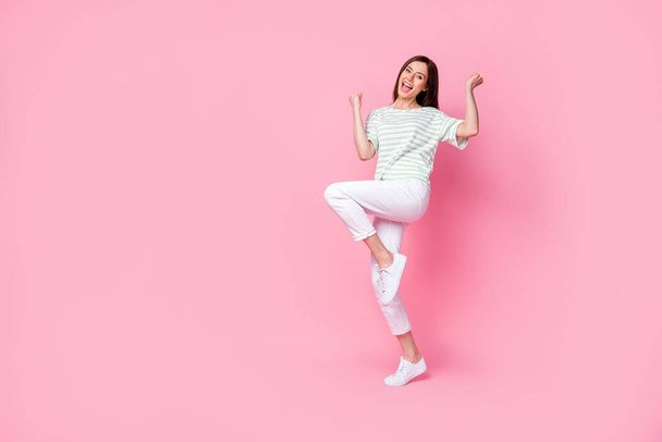 Full length photo of cheerful pretty girl stylish clothes yell scream yeah black friday sale empty space isolated on pink color background. - Photo, Image