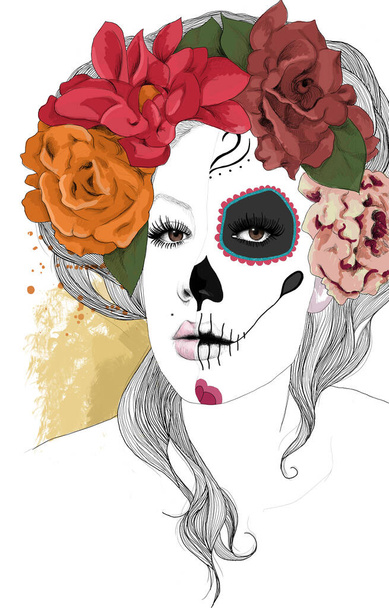 La Catrina, Mexicaine, crâne de sucre, portrait de femme, illustration aquarelle, culture mexicaine, Halloween - Photo, image