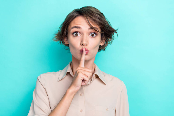 Close up photo of funny worried lady wear trendy clothes arm touch mouth stop communicating conversation isolated on cyan color background. - Photo, Image